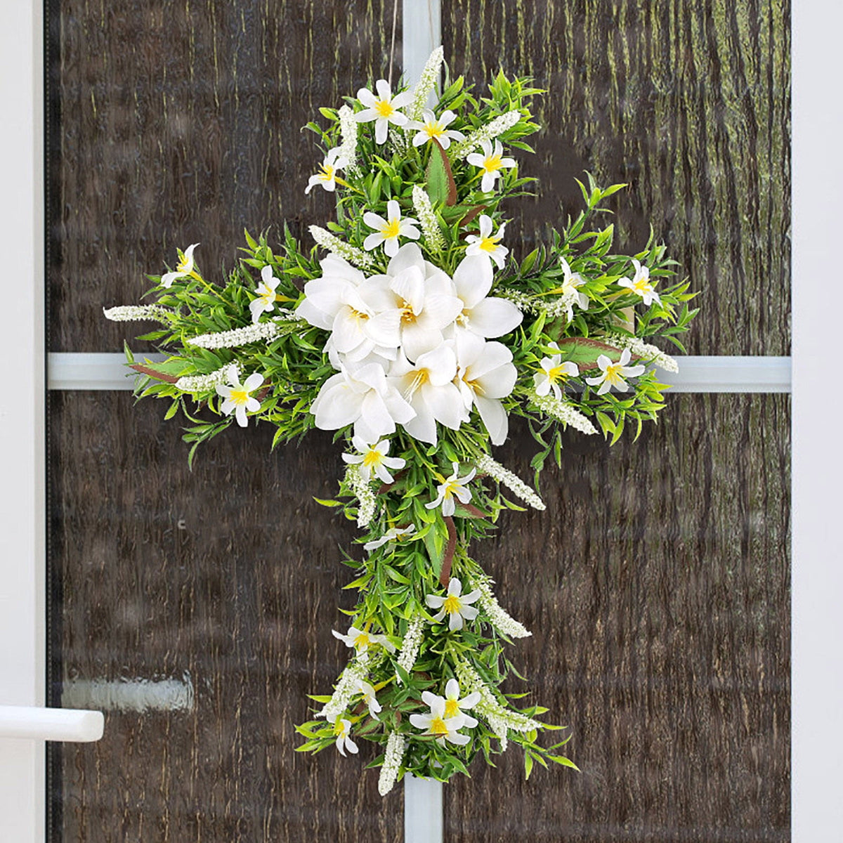 XEOVHV Easter Front Door Wreath Cross, 19.7 inch Easter Cross Wreath, Rustic Farmhouse Easter Decorations Sign Hanging Cross Wedding Floral Pastel Patio Summer Outside Decor