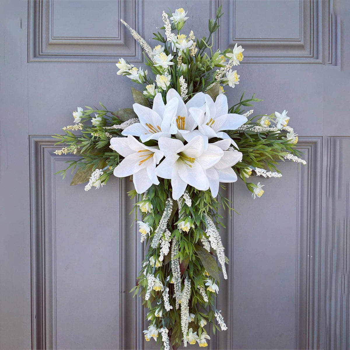 XEOVHV Easter Front Door Wreath Cross, 19.7 inch Easter Cross Wreath, Rustic Farmhouse Easter Decorations Sign Hanging Cross Wedding Floral Pastel Patio Summer Outside Decor