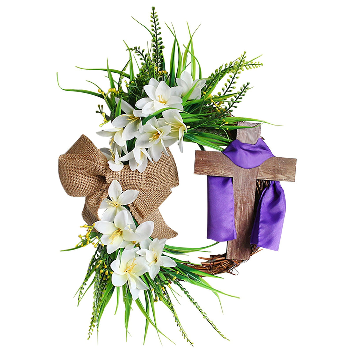XEOVHV Easter Wreath, Cross Door Sign Easter Door Sign， Easter Wooden Wreath Hanging Sign Christian Floral Easter Decor 13.8 x 13.8 Inch Jesus Wreath Door Hanger for Front Door Wall Decor