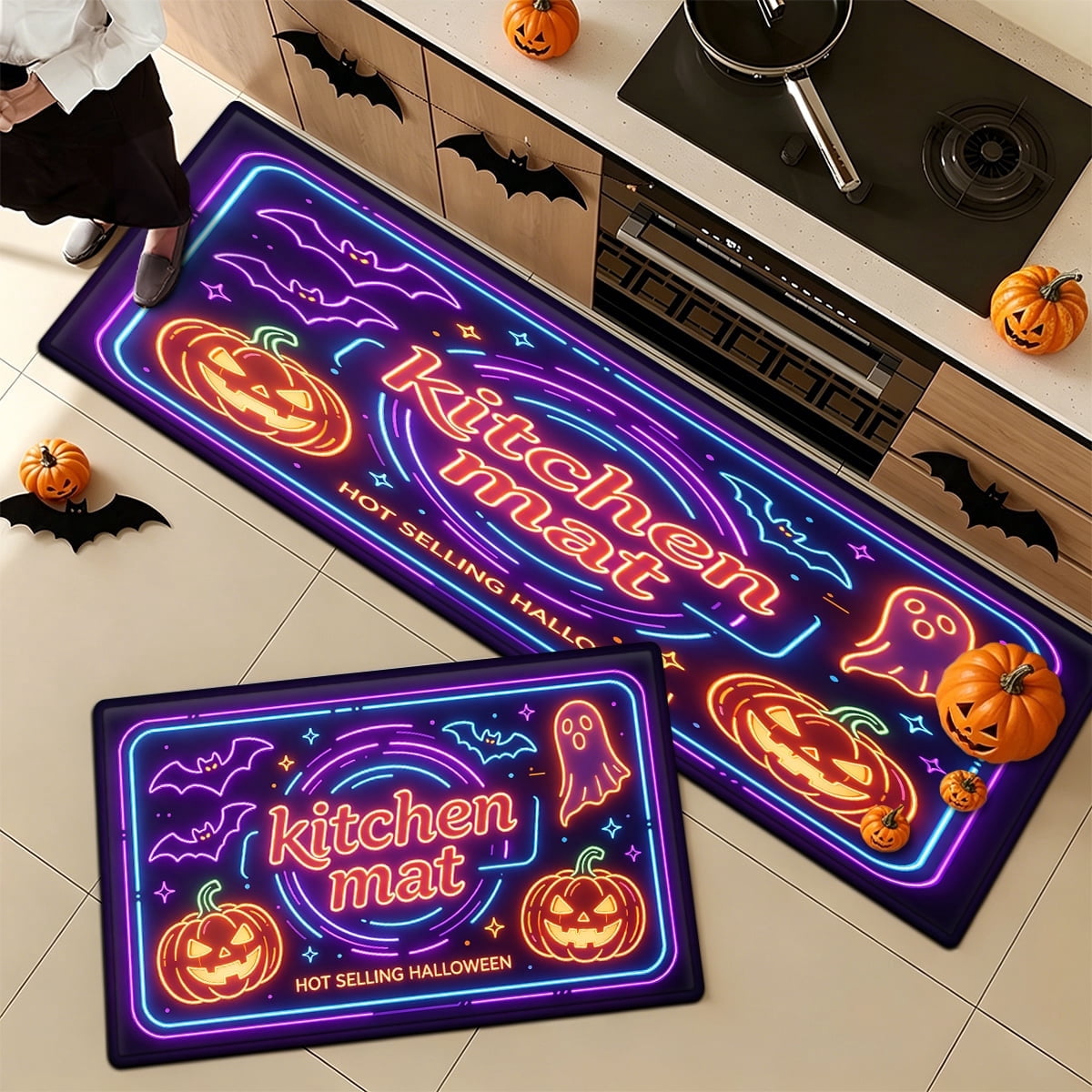 YIMEIS Halloween Pumpkin Lanterns Multi-purpose 1-Piece Flannel Mat and Kitchen Rugs,Soft Non-slip for Home Bedroom Bathroom