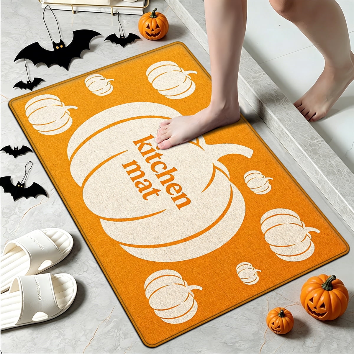 YIMEIS Halloween Orange Ghost Pumpkin Black Cat 1Pc Flannel Mat & Kitchen Rugs,Soft Non-slip,16''×24'' Inches,for Entryway Bathroom