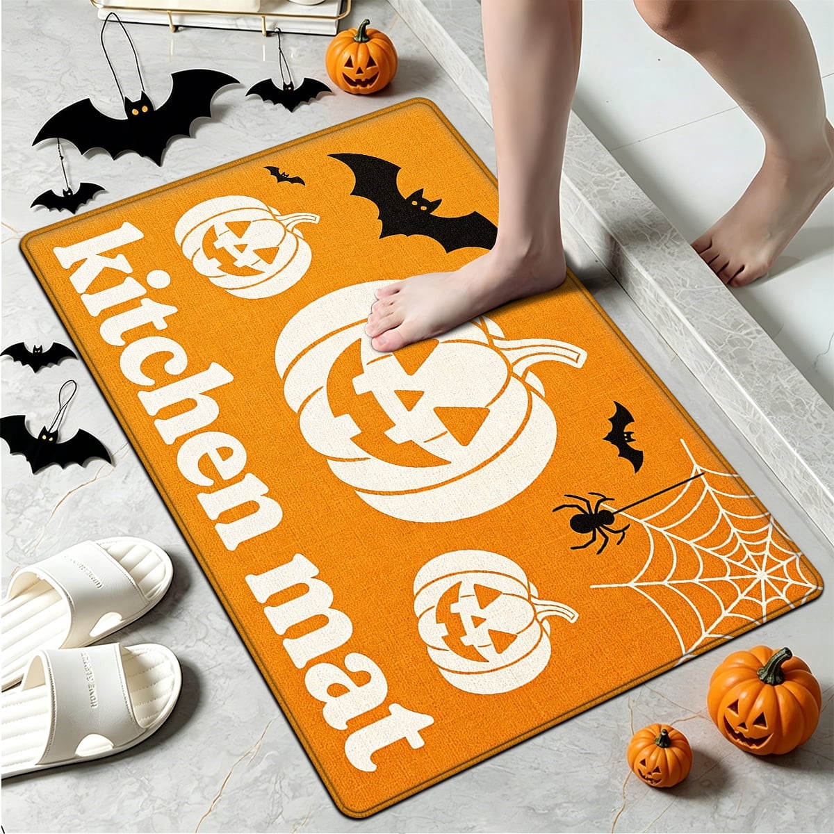 YIMEIS Halloween Orange Ghost Pumpkin Black Cat 1Pc Flannel Mat & Kitchen Rugs,Soft Non-slip,16''×24'' Inches,for Entryway Bathroom
