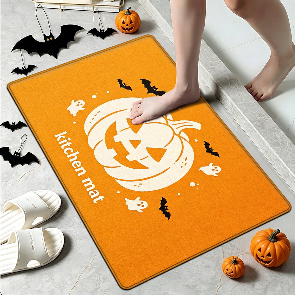 YIMEIS Halloween Orange Ghost Pumpkin Black Cat 1Pc Flannel Mat & Kitchen Rugs,Soft Non-slip,16''×24'' Inches,for Entryway Bathroom