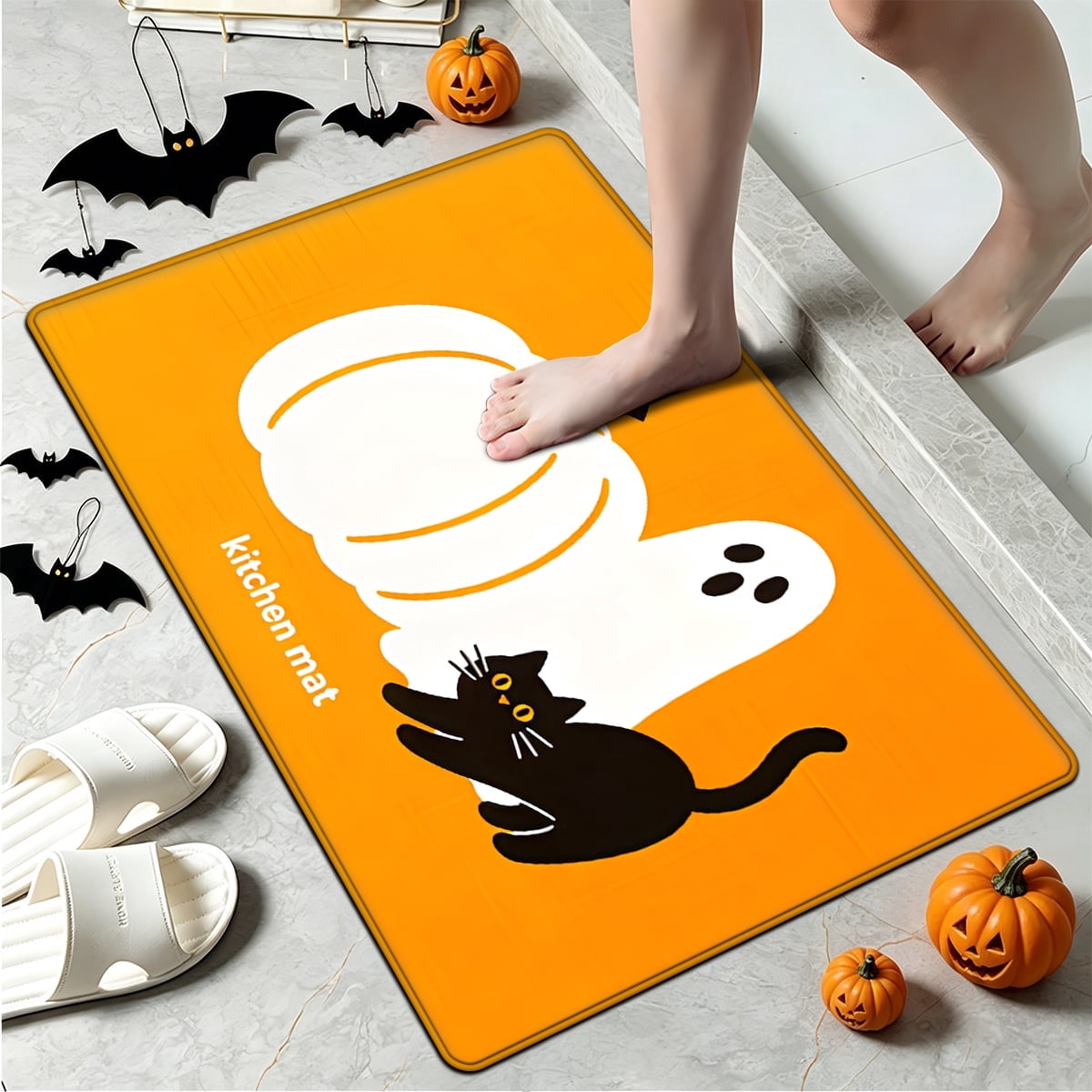 YIMEIS Halloween Orange Ghost Pumpkin Black Cat 1Pc Flannel Mat & Kitchen Rugs,Soft Non-slip,16''×24'' Inches,for Entryway Bathroom