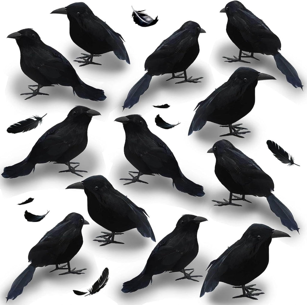 Yanxiao 6PCS Halloween Black Crows Decorations, Realistic Foam Halloween Handmade Black Feathered Crows with Fixable Legs, Halloween Gothic Ornaments for Table Centerpieces, Party, Indoor & Outdoor