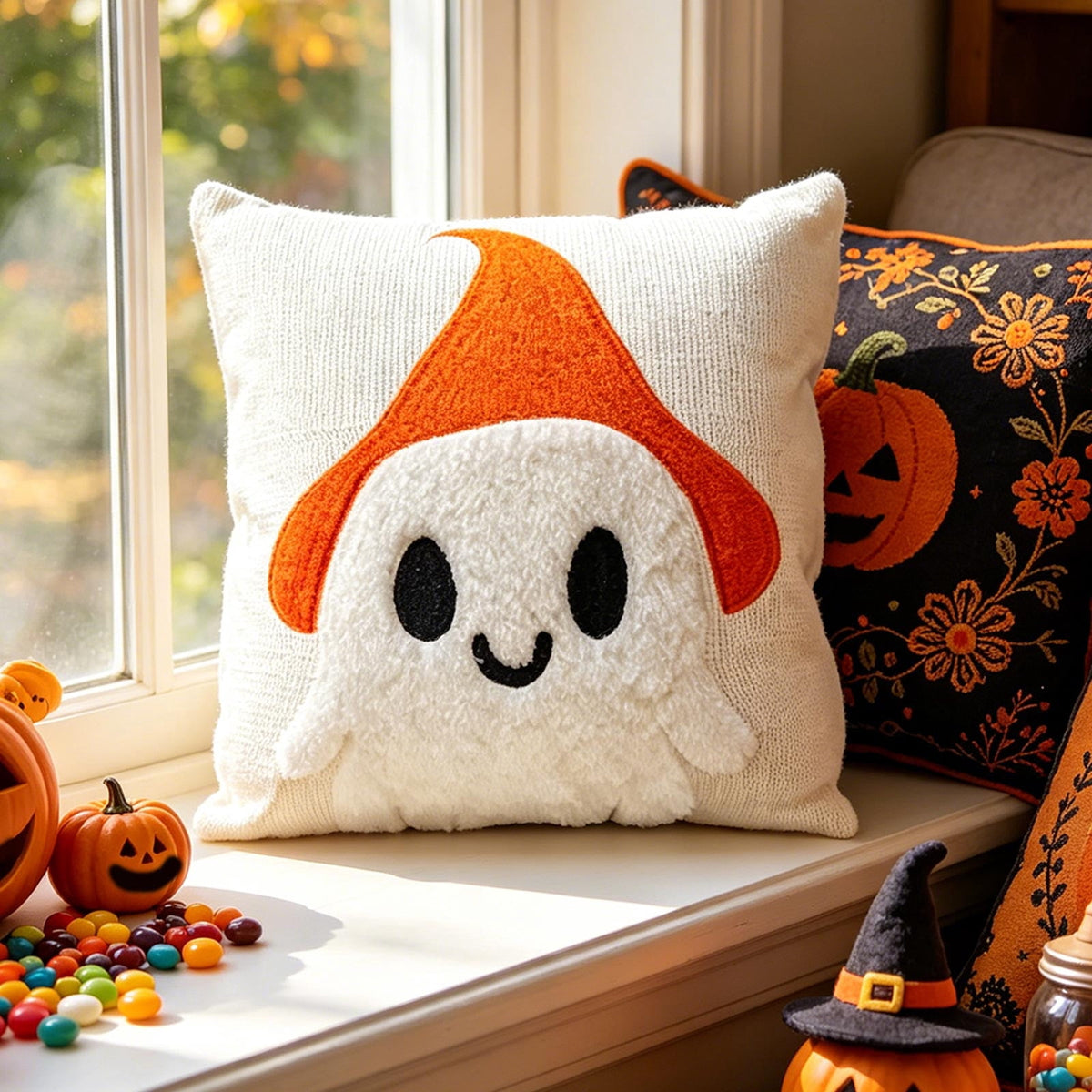 Yeciiwht Halloween Throw Pillow Cover – 18*18inch Embroidered Linen Cushion Case with Ghost, Mummy & Bat Designs, Invisible Zipper, Machine Washable
