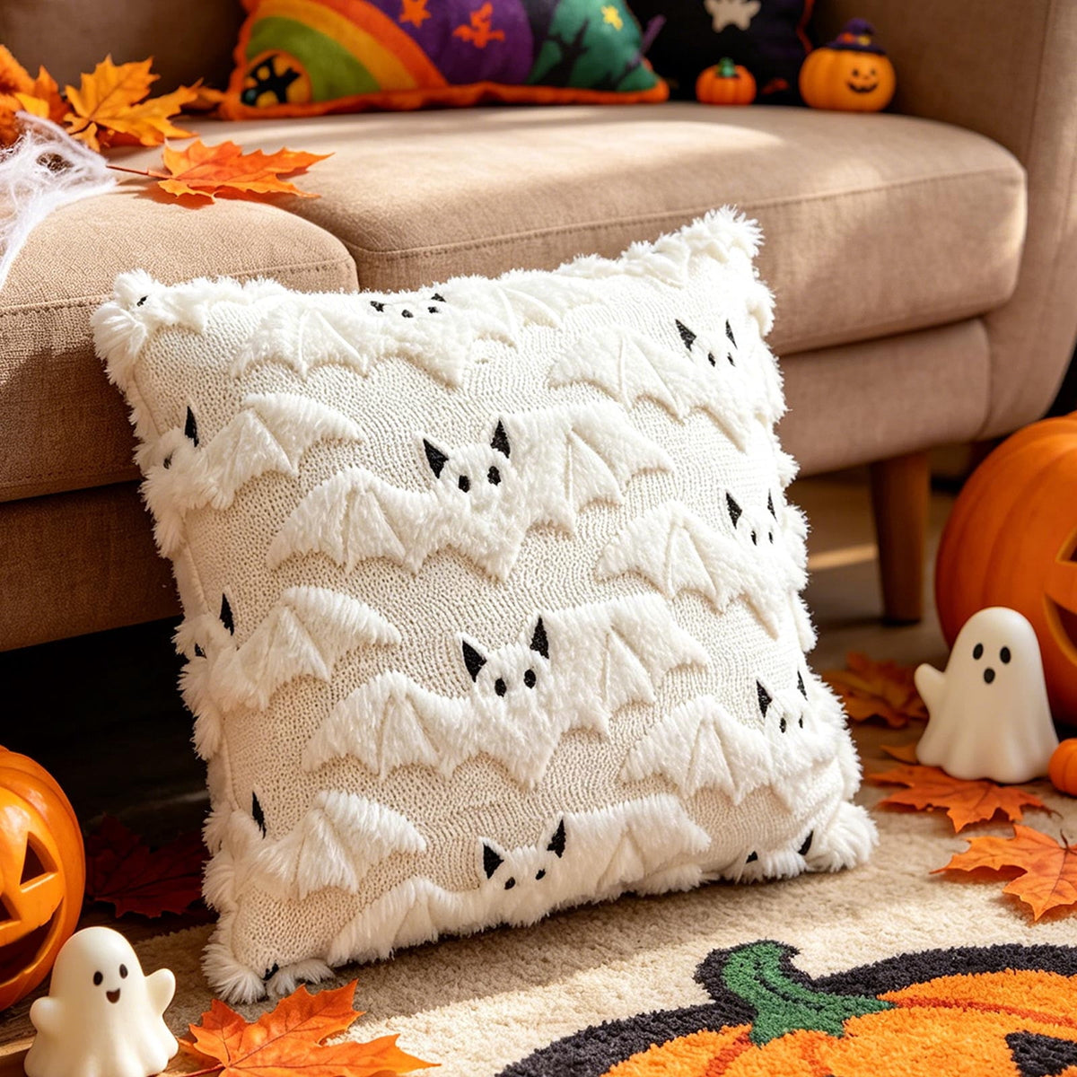 Yeciiwht Halloween Throw Pillow Cover – 18*18inch Embroidered Linen Cushion Case with Ghost, Mummy & Bat Designs, Invisible Zipper, Machine Washable