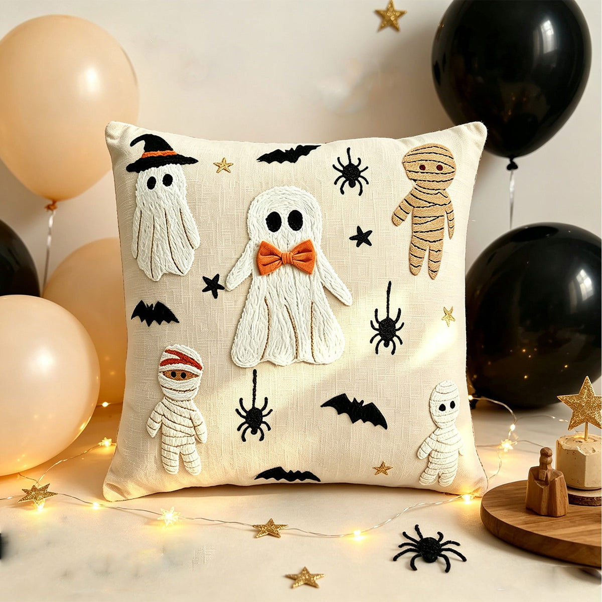 Yeciiwht Halloween Throw Pillow Cover – 18*18inch Embroidered Linen Cushion Case with Ghost, Mummy & Bat Designs, Invisible Zipper, Machine Washable
