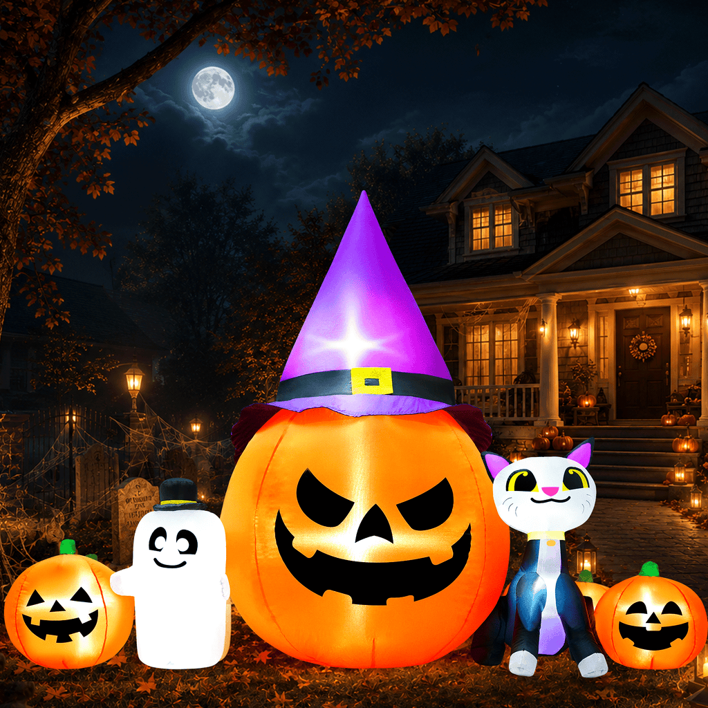 Yexmas 8ft Halloween Inflatable Pumpkins Outdoor Decor with Black Cat and Spectre,Built-in LED Lights,for Halloween Party,Yard,Garden,Lawn