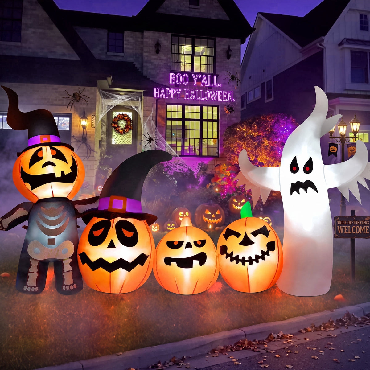 Yexmas Halloween Inflatables, 7 FT Long 4 Pumpkins with Cute White Ghost Outdoor Decorations, Built-in LEDs, Blow Up Party, Waterproof Yard, Garden, Lawn Decor