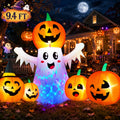 Yexmas 9.4ft Halloween Inflatable Pumpkins Outdoor Decor with Black Cat Tombstone and Spectre,360° Rotating Colorful LED Lights,for Halloween Party,Yard,Garden,Lawn