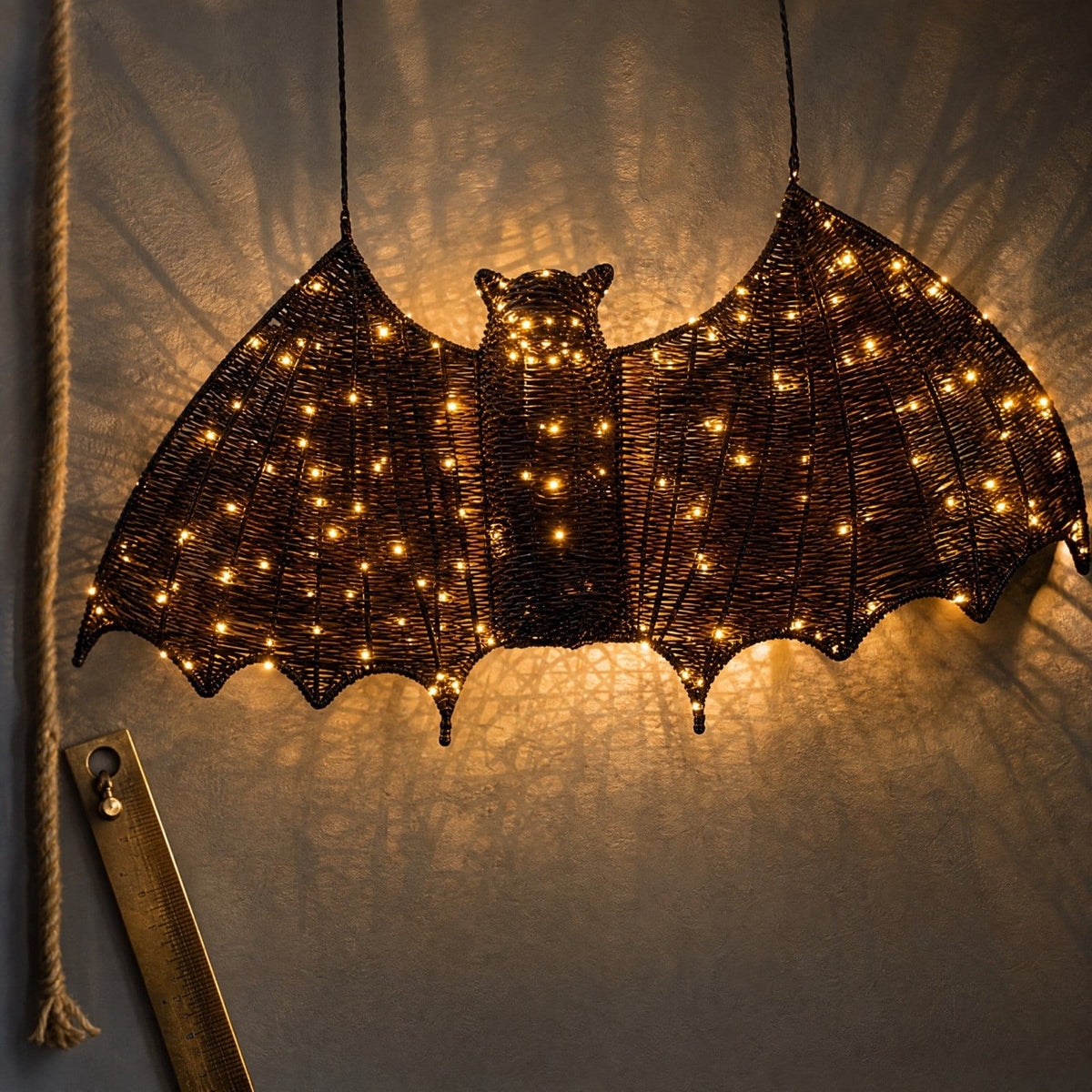 Black Rattan Wall Decoration, Halloween Wicker Bat Art, Indoor and Outdoor Festive Decor, Durable Plastic Material