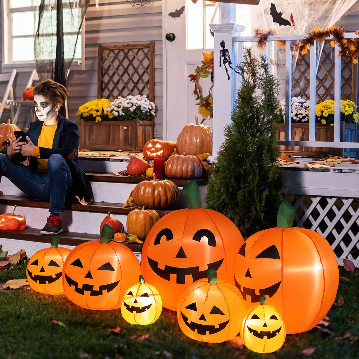 Zimtown 8 FT Halloween Inflatables Pumpkin, Halloween Decoration 5 Blow up Pumpkins,Ghost w/ Build-in LEDs for Halloween Party