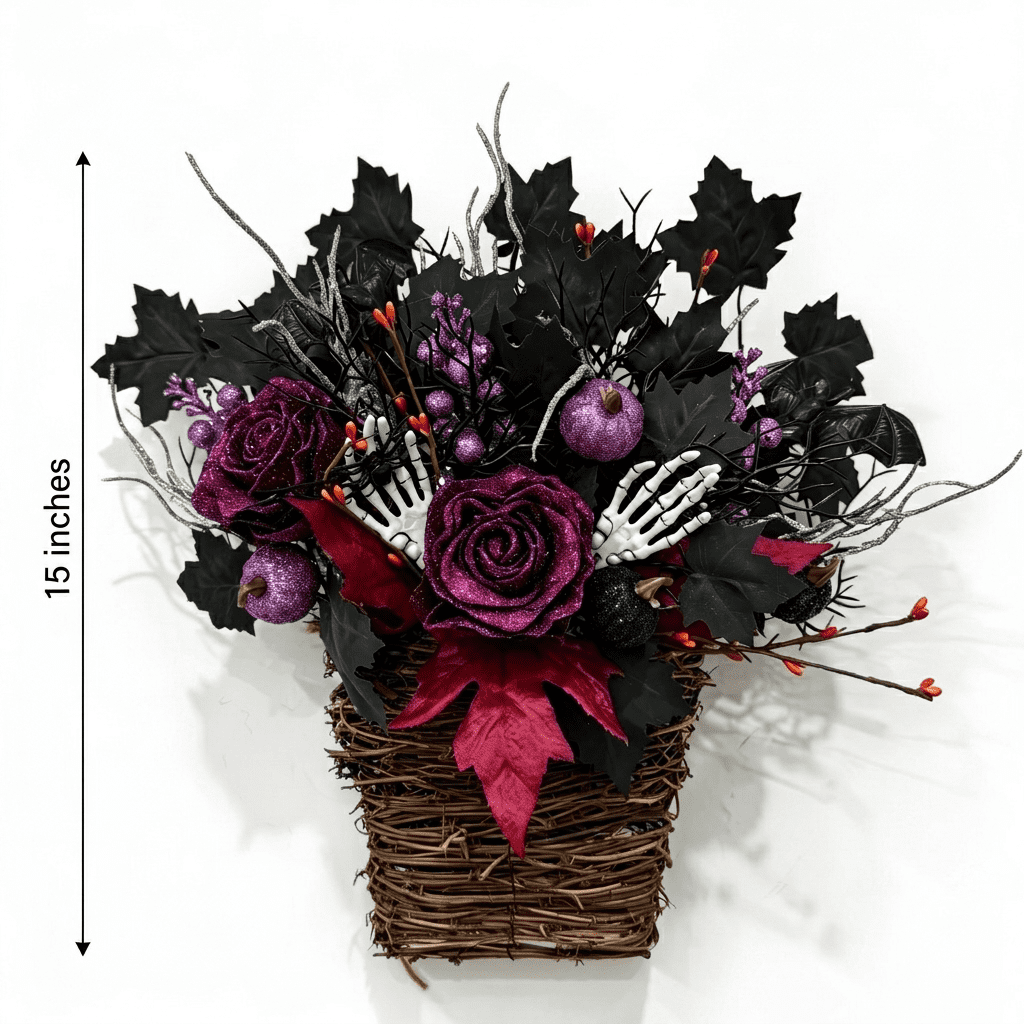 Halloween Wreaths for Front Door 15 Inch Halloween Hanging Basket Decor with Roses & Pumpkins for Wall, Porch, Halloween Party & Gift