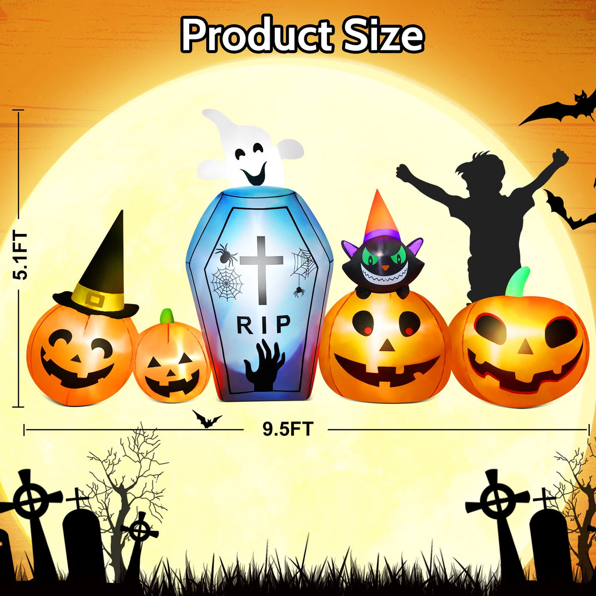 Yexmas 10ft Halloween Inflatable Pumpkins Outdoor Decor with Black Cat Tombstone and Spectre,Built-in LED Lights,for Halloween Party,Yard,Garden,Lawn