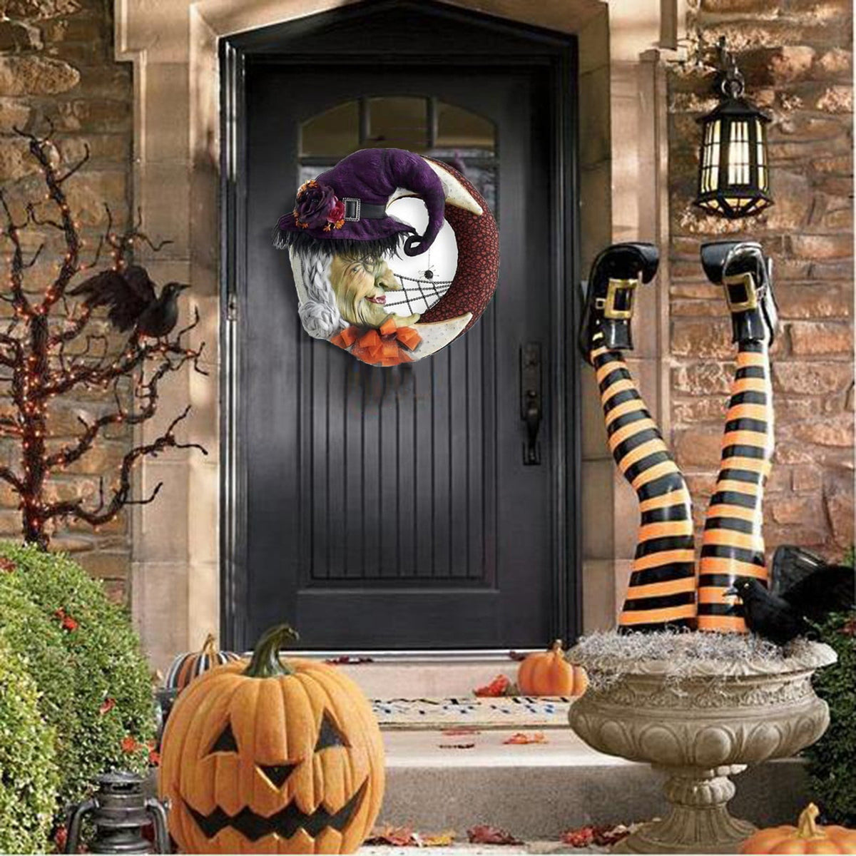 CASAFUN Halloween Decorations, Mummy Halloween Wreath with Witch and Spider,Halloween Moon Wreath Fun Halloween Porch Decor Resin Wreath, Porch Decor Resin Wreath