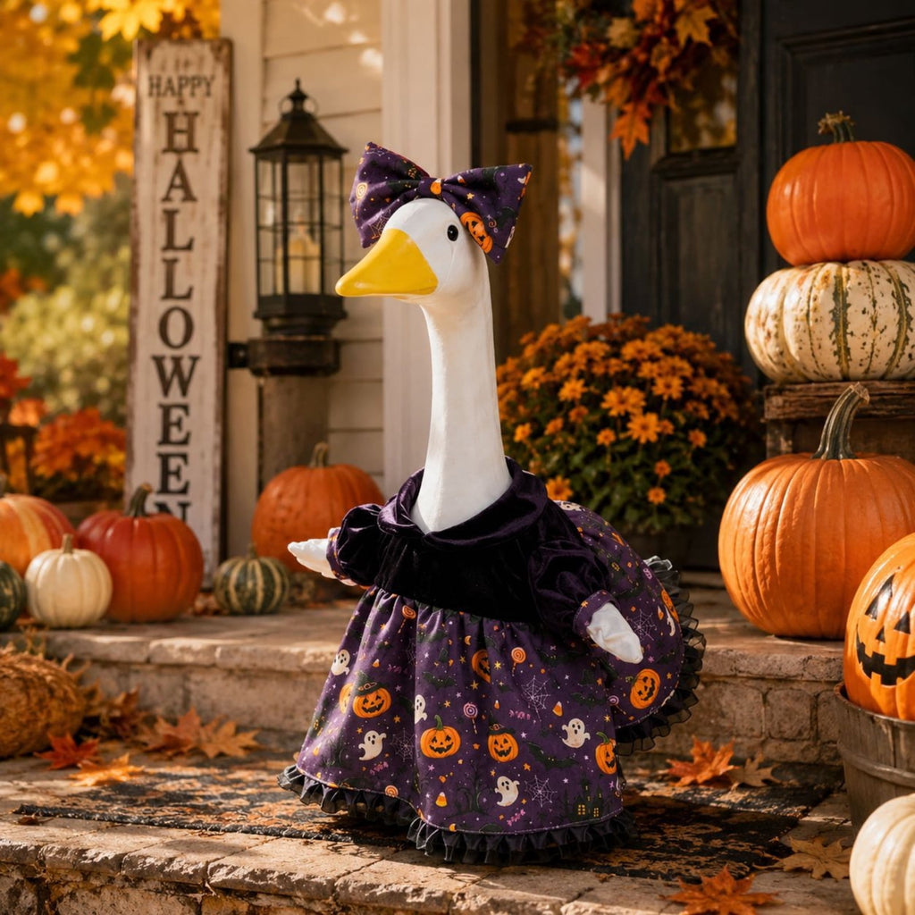 Halloween Garden Porch Decor, Porch Goose Outfits Halloween, 23 Inch Porch Goose Outfits, Witch Dress and Hat Set, Fits 23X11X26 Inch Standing Plush Goose for Front Porch Lawn