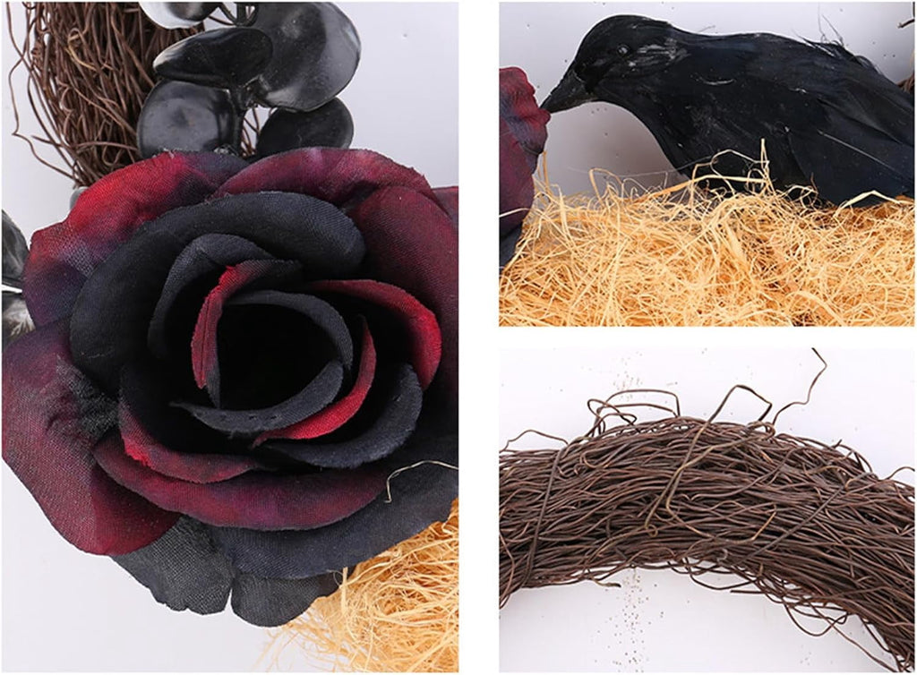 Halloween Wreath, 10 Inch Halloween Garland with Crow Vines, Artificial Dead Branch Wreath with LED Light, Halloween Home Party Decor Sturdy Build, for Porch Window Wall Decor