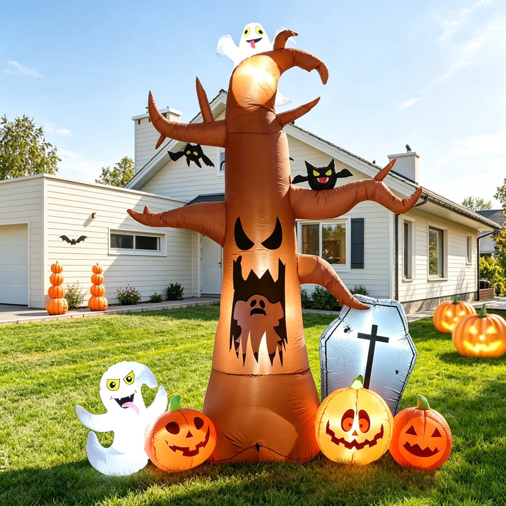 Coolmade 8 ft Halloween Inflatable Outdoor Dead Tree with Ghosts Pumpkins Tombstone Bat, Halloween Blow Up Yard Decorations Clearance with Build-in LED Lights for Holiday Party Lawn Yard Garden
