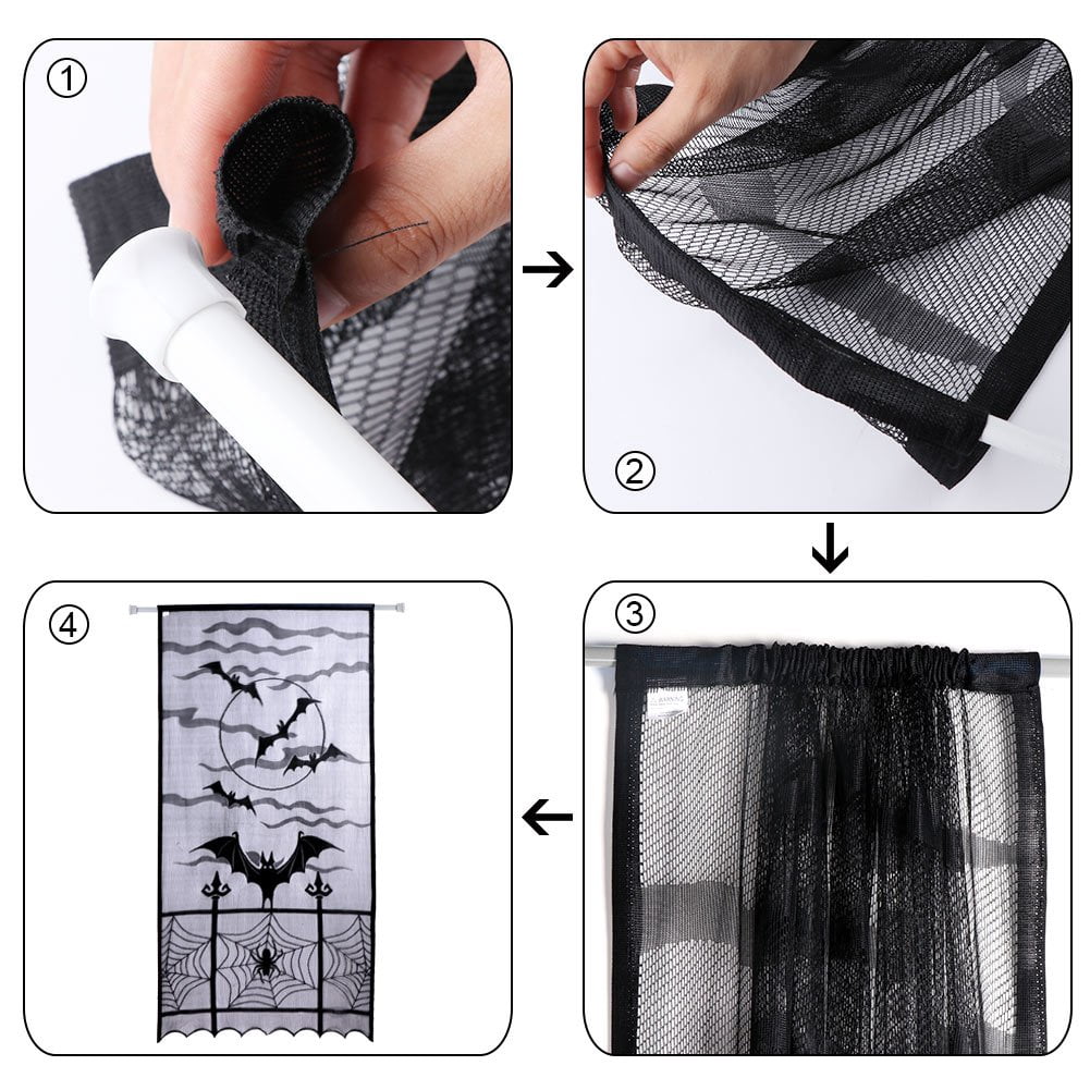 Coolmade 2pcs Black Halloween Lace Window Curtain, Spider Web Bats Door Curtain Panel Decor for Spooky Halloween Holiday Party Decoration, 40 x 84 Inch