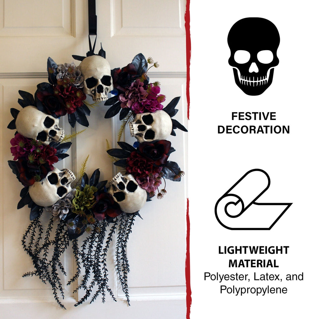 Haunted Hill Farm 24 in Hanging Wreath with Skulls, Fall Flowers, and Vines, Indoor/Covered Outdoor Halloween Props Decoration, HHWTHSKL-2