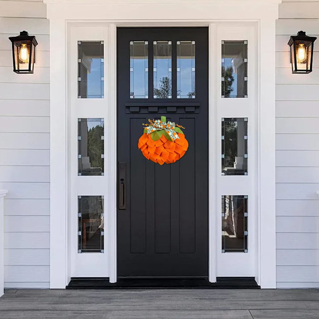 CASAFUN Autumn Pumpkin Wreath with Bows and Berries,Front Door Fall Decorations for Home Porch,Burlap Pumpkin Garland for Autumn Fall Halloween Christmas Thanksgiving Wall Decor