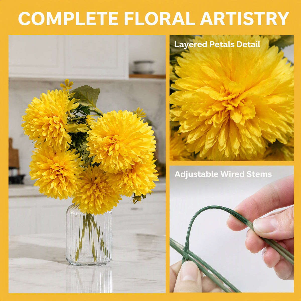 1Pack Faux Fall Mums for Outside Artificial Mums Outdoor Clearance Chrysanthemum Bush Silk - Orange Fall Decorations for Home Fall Wedding Flowers