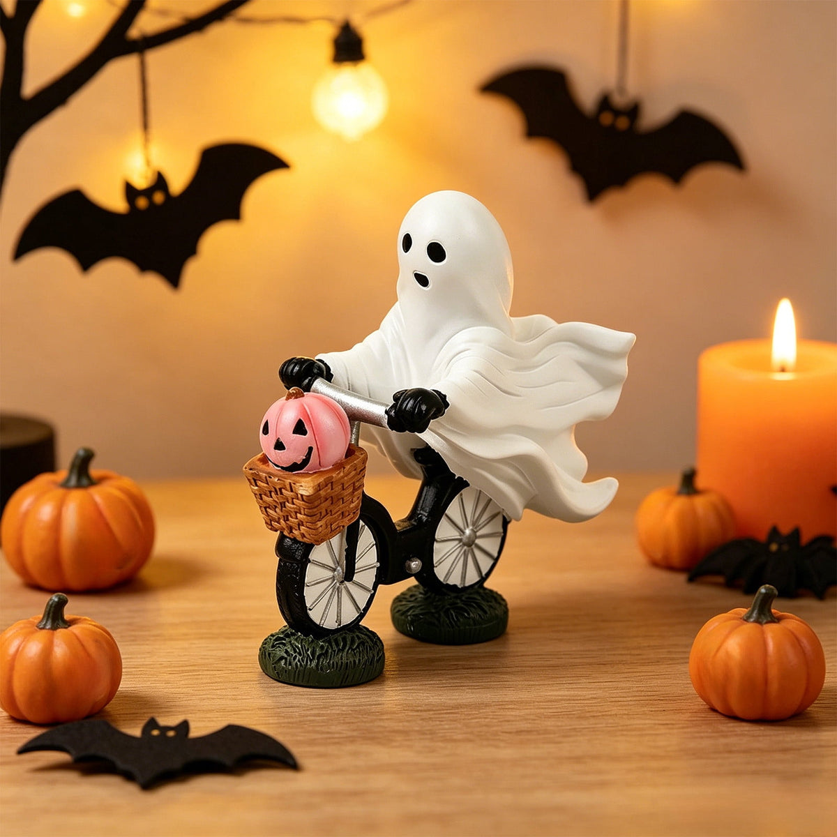 Halloween Ghost Figurine, Ghost Girl with Pink Bow & Hot Drink, Funny Ghost Statue Halloween Decor for Gift, Cute Spooky Tabletop Ornament for Home, Mantle, Desk & Party Decoration