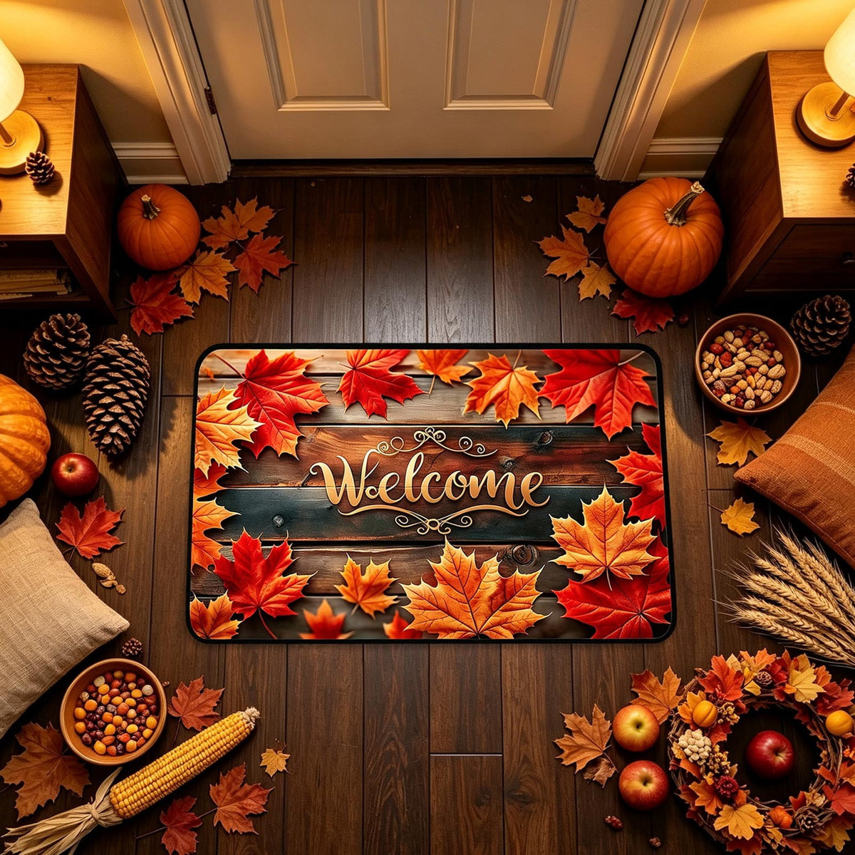 syligr Halloween Thanksgiving Doormat with Maple Leaf & Pumpkin Patterns - Non-Slip Floor Mat for Entryway, Kitchen, Porch, Fall Harvest Decor Rug with Anti-Fatigue Backing, Gift for Thanksgiving