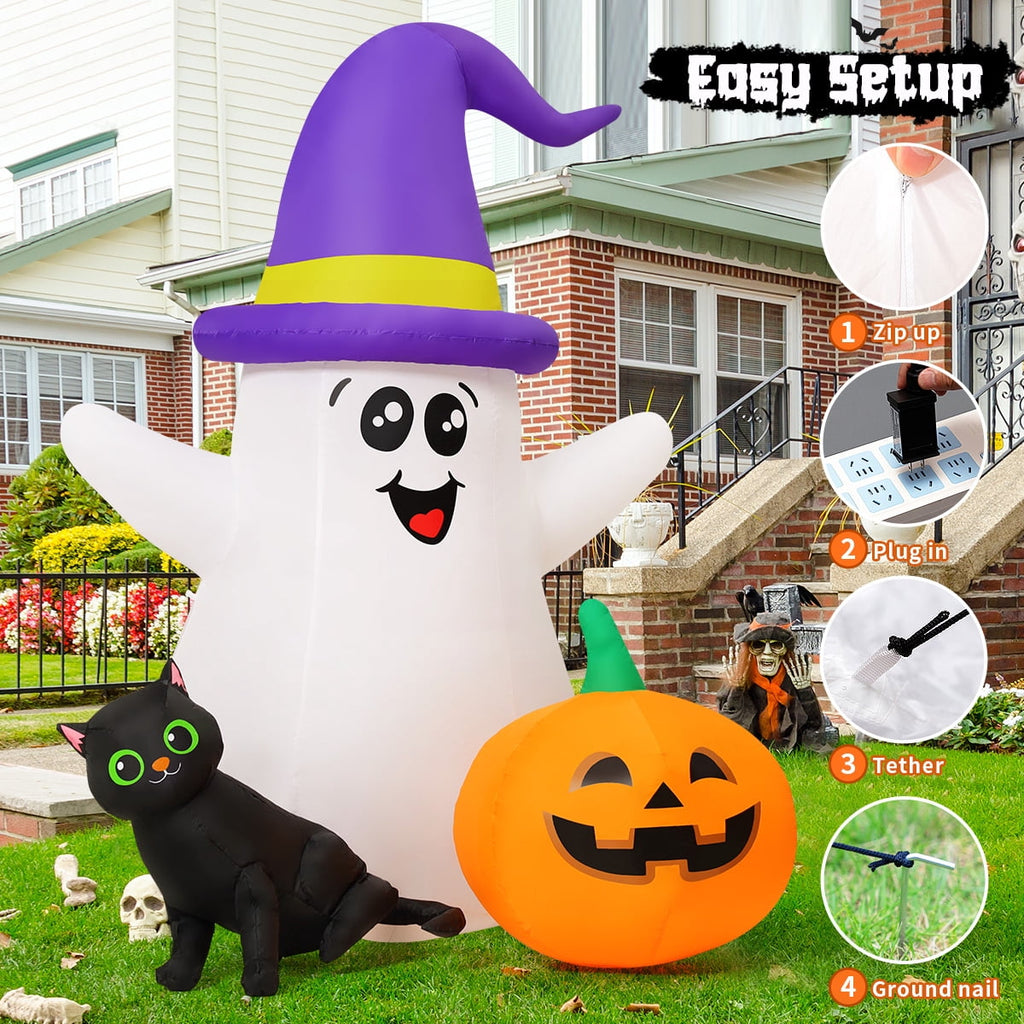 GOOSH Halloween Inflatables 5 FT Inflatable Ghost with Built-in LEDs, Ghost Blow up Halloween Ghost Inflatables with Black Cat Pumpkin, Outdoor Halloween Decorations for Holiday Party Indoor Outdoor