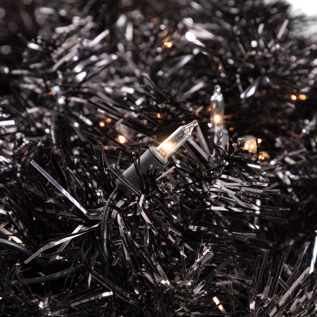 Northlight Pre-Lit Artificial Halloween Tinsel Wreath - 24" - Black - Clear Lights