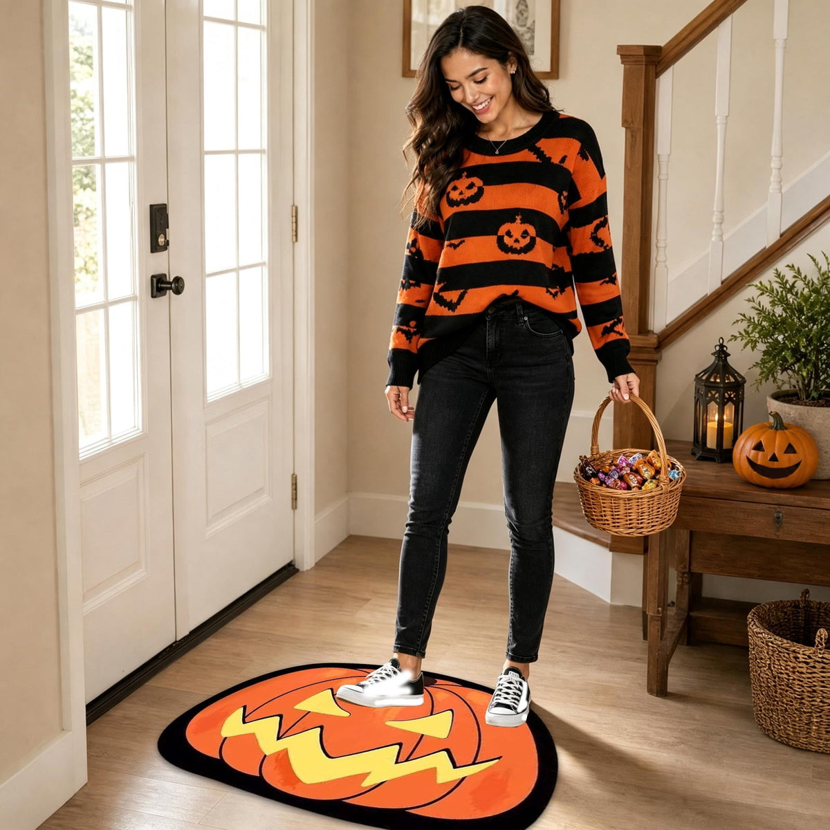 Halloween Door Mat Pumpkin Shaped Non-Absorbent Skidproof Mat 15.75x23.62in Polyester Skidproof & Weather Resistant for Front Door Porch Indoor Outdoor Halloween Door Mat by MPOISVA