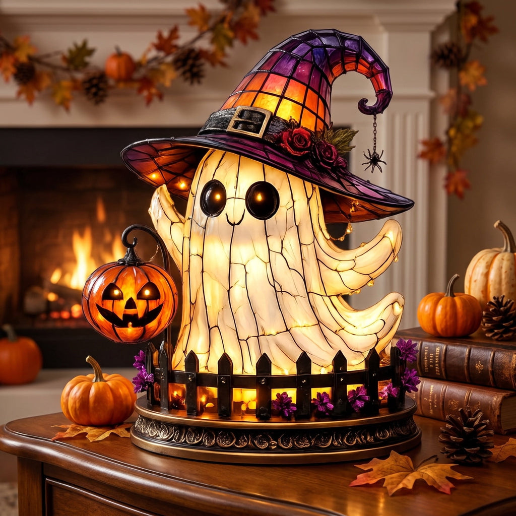 Halloween Lighted Witch Cauldron Decor Lamp, Stained Glass Witch Hat Magic Pot Night Light with Pumpkin & Potion Bottle Details, Spooky Vintage Tabletop Ornament for Mantel Living Room Party