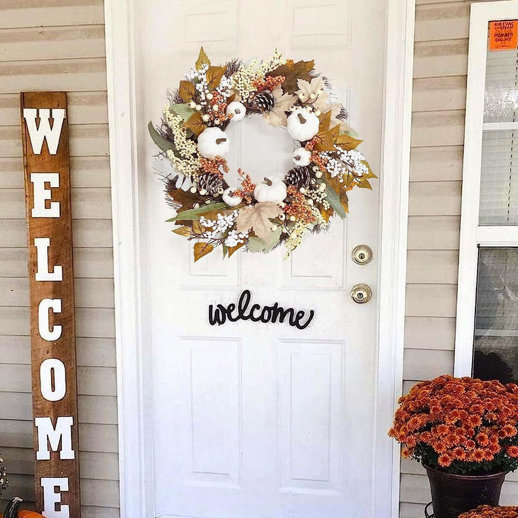 Autumn Wreath 14 Inch Fall Decor for Home Front Door with Artificial Maple Leaf Pumpkin Berry Pinecone Harvest Thanksgiving Halloween Farmhouse Seasonal Decorations Indoor Outdoor,