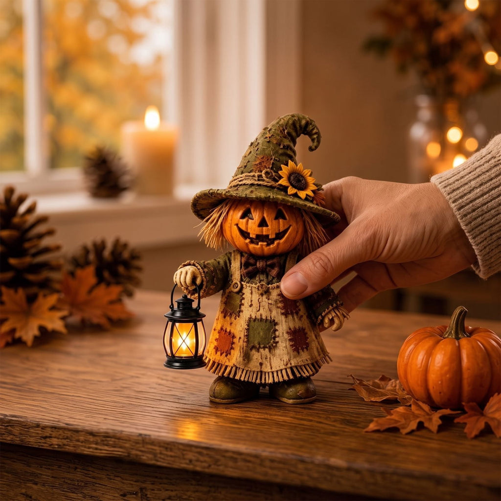 XHKUYI Halloween Scarecrow Pumpkin Figurine 6 inch, Handcrafted 3D Resin Witch Hat Scarecrow with Glowing Lanterns, for Halloween Home Party Tabletop Mantel Shelf Decor
