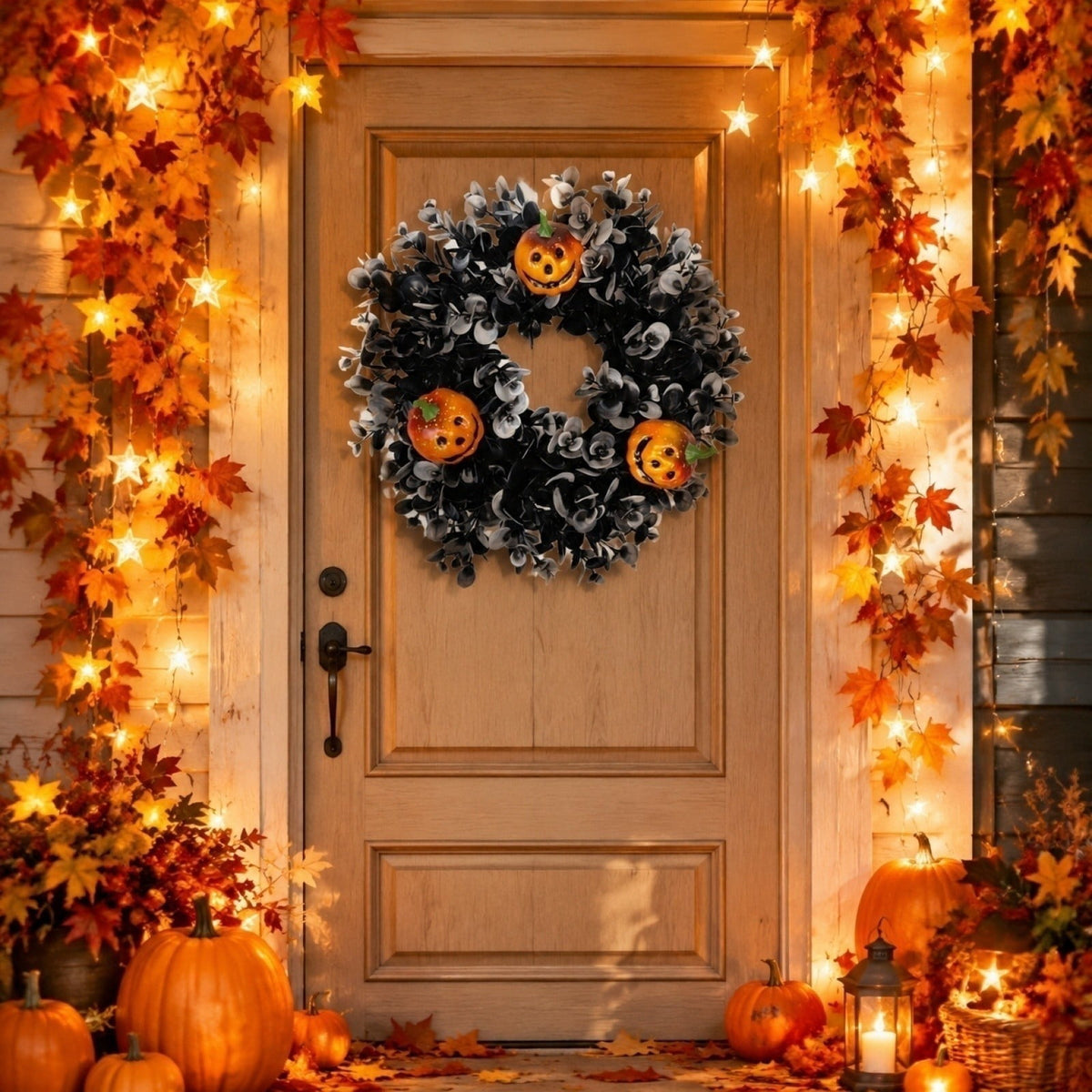 12 Inch Black Eucalyptus Halloween Wreath, Artificial Floral Door Wreath with Pumpkin Cutouts for Front Porch Indoor Door Halloween Party Gothic Home Decor