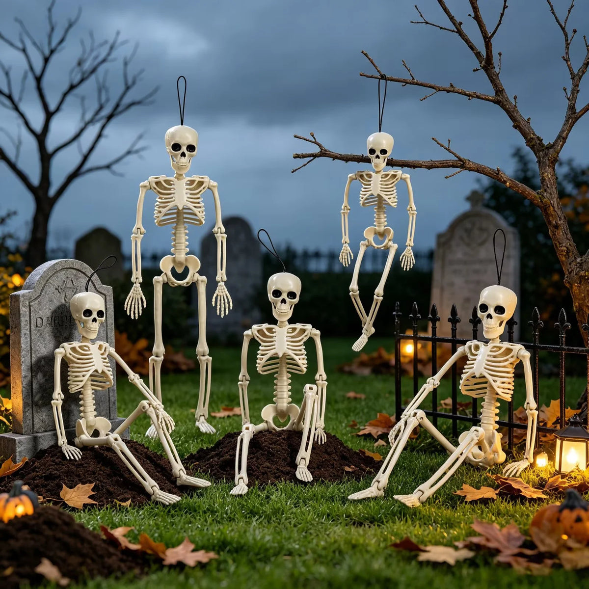 Fdyrgv 4 Pack 16" Posable Full Body Skeleton, Halloween Skeleton Decor with Movable Joints & Adjustable Jaw, Built-in Hanging String, Water Resistant Graveyard Haunted House Yard Décor