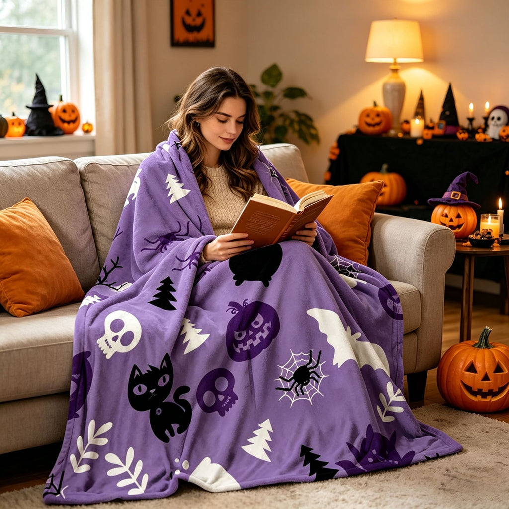 Halloween blanket,Halloween Print Throw Blanket Flannel Soft Cozy Decorative Nap Blanket with Ghost Pumpkin Skull for Office Bedroom Sofa Camping Travel(100x150cm/39x59 Inch),Black