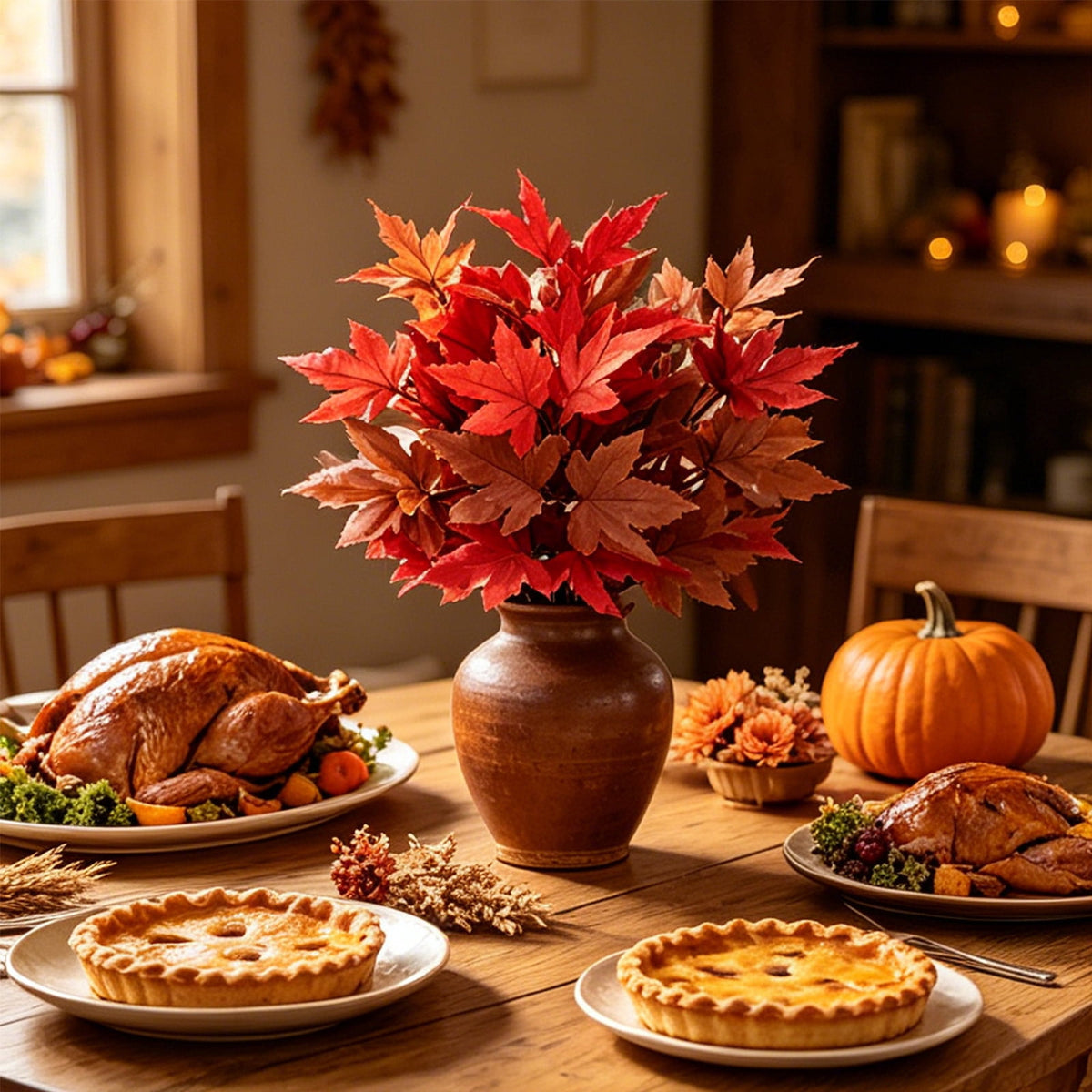 SPOORYYO 2Pcs Fall Maple Leaves Stems for Vase, Artificial Autumn Fake Leaves Decor, Maple Leaf Bushes Shrubs for Thanksgiving Halloween Home Farmhouse Table Centerpiece, 12.99" x 7.87"