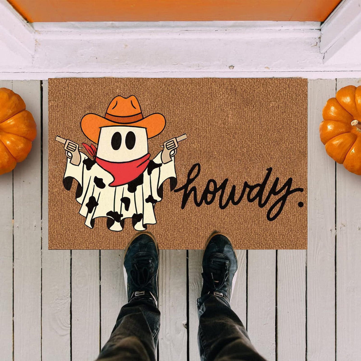 Holloyiver Halloween Fall Doormat, Cowboys Ghost Non Slip Outdoor Mat, Halloween Decorative Floor Mats, Welcome Ghost Coir Doormats Front Porch Rugs for Indoor Layering Entryway Decor