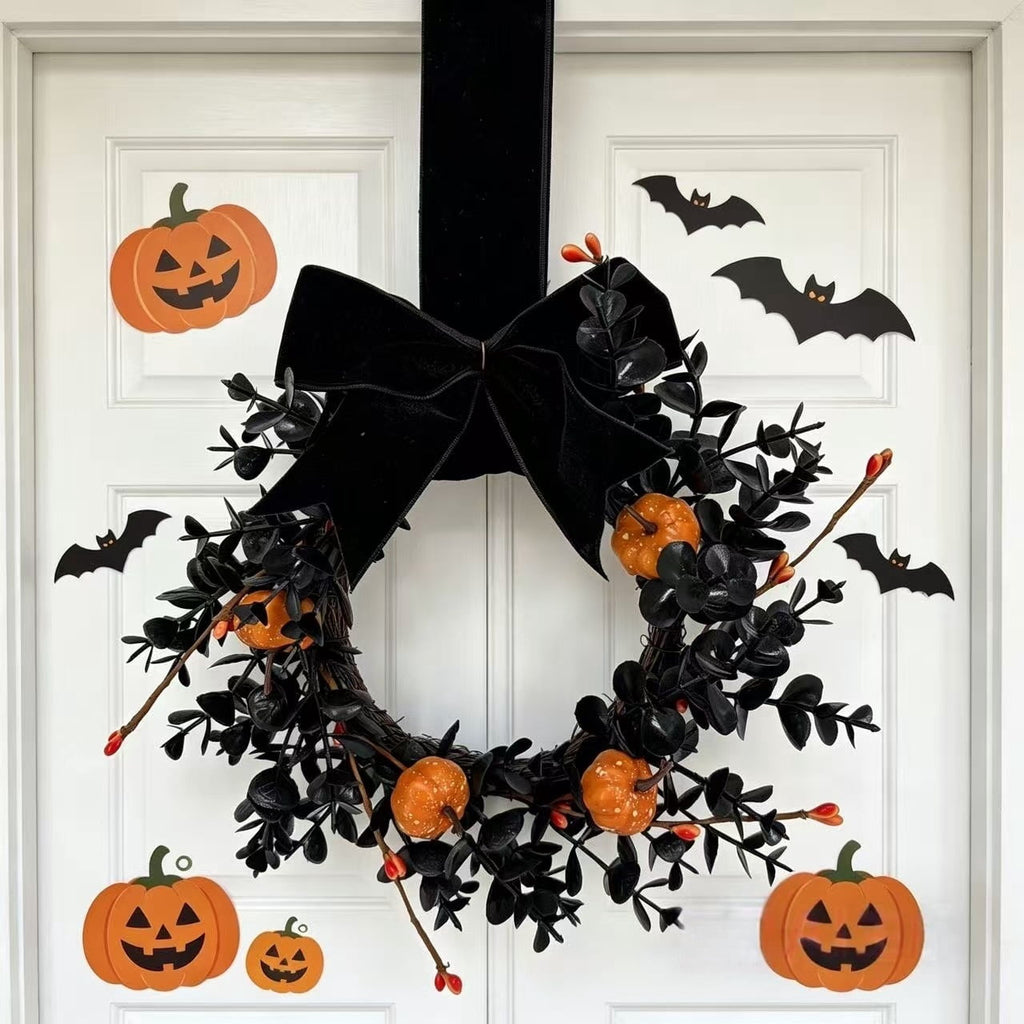 XEAZON 1/2/4 Pcs Halloween Wreaths 9" Artificial Hallowee Wall Cabinet Decor Mini Wreath with Pumpkin and Velvet Bow, Gothic Kitchen Cabinet Wreaths for Front Door Cabinets Window Wall Holiday Decor