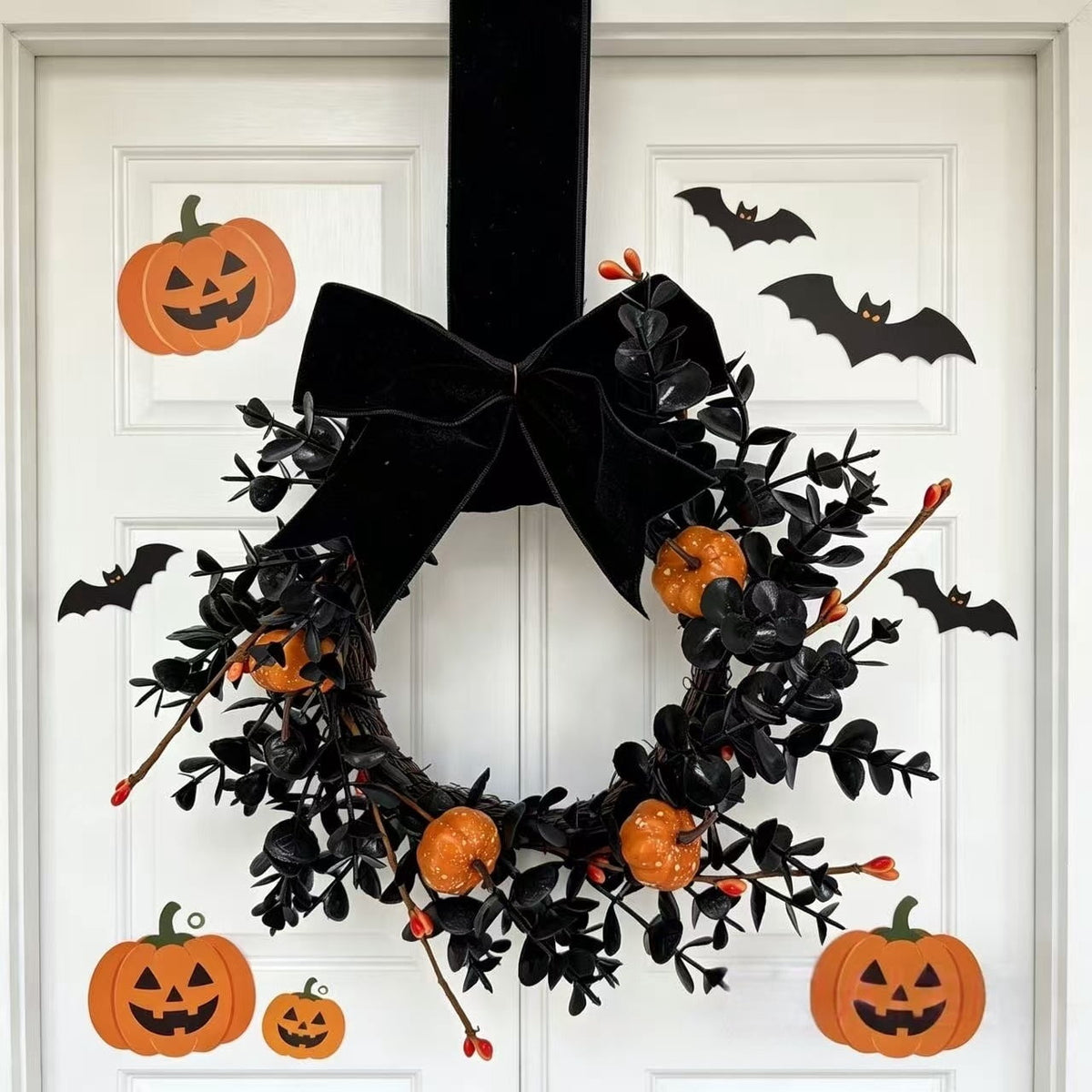 XEAZON 1/2/4 Pcs Halloween Wreaths 9" Artificial Hallowee Wall Cabinet Decor Mini Wreath with Pumpkin and Velvet Bow, Gothic Kitchen Cabinet Wreaths for Front Door Cabinets Window Wall Holiday Decor