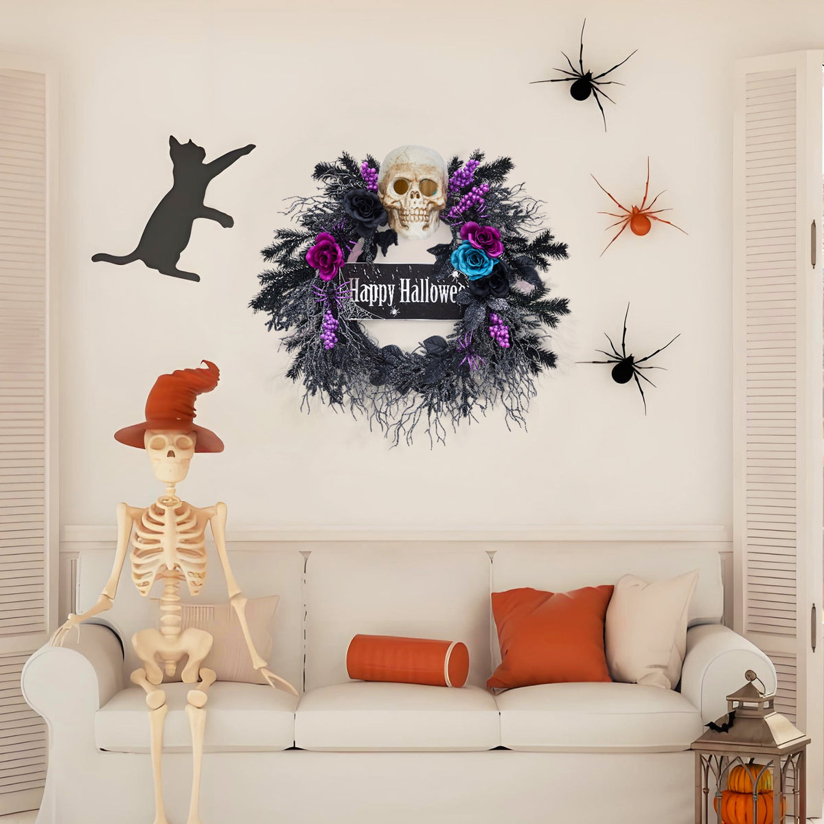 Halloween Wreath, Halloween Decorations Prelit Front Door Wreath for Indoor Wall Window Decor（18/20/22 Inch）