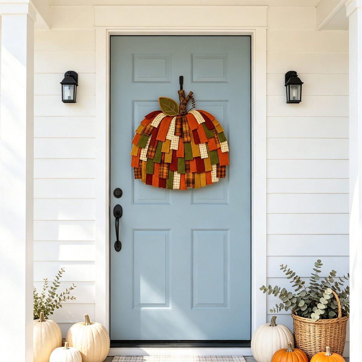 Patchwork Pumpkin Door Hanger Fall Layered Fabric Front Door Wreath Farmhouse Autumn Wall Hanging Decor for Home Porch Courtyard Harvest Festival Thanksgiving Halloween