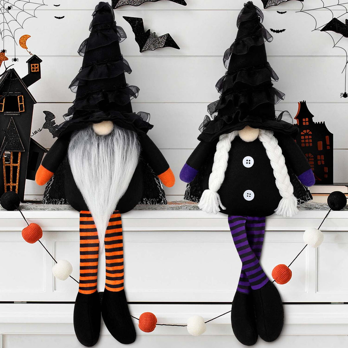 Ayieyill 2PCS Halloween Gnome Plush Decorations - Mr and Mrs Handmade Scandinavian Tomte for Halloween Table Ornament, Tiered Tray Decor, Halloween Trick or Treat Gift