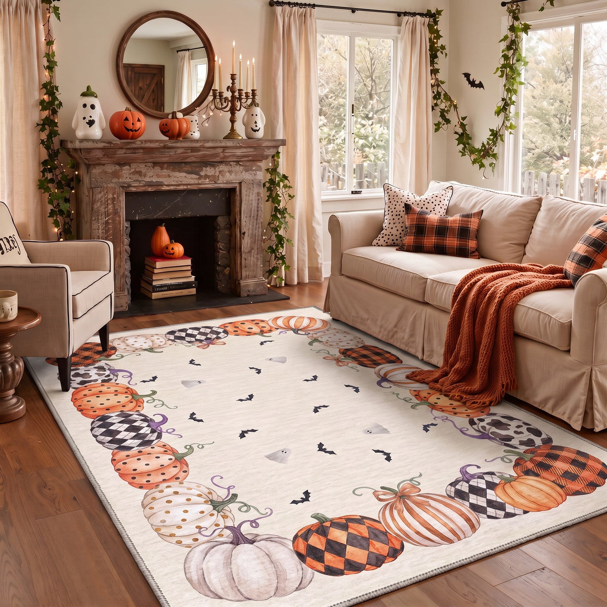 KUETH 3'x5' Halloween Machine Washable Area Rug, Non-Slip Rugs for Living Room, Bedroom and Dining Room, Orange