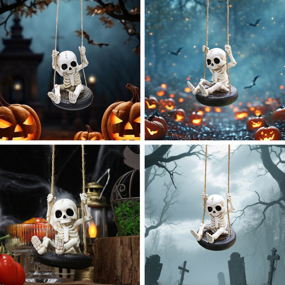 Zatoumnr Skeleton on Tire Swing Sculpture, Creepy Outdoor Hanging Accent for Halloween Porch and Yard