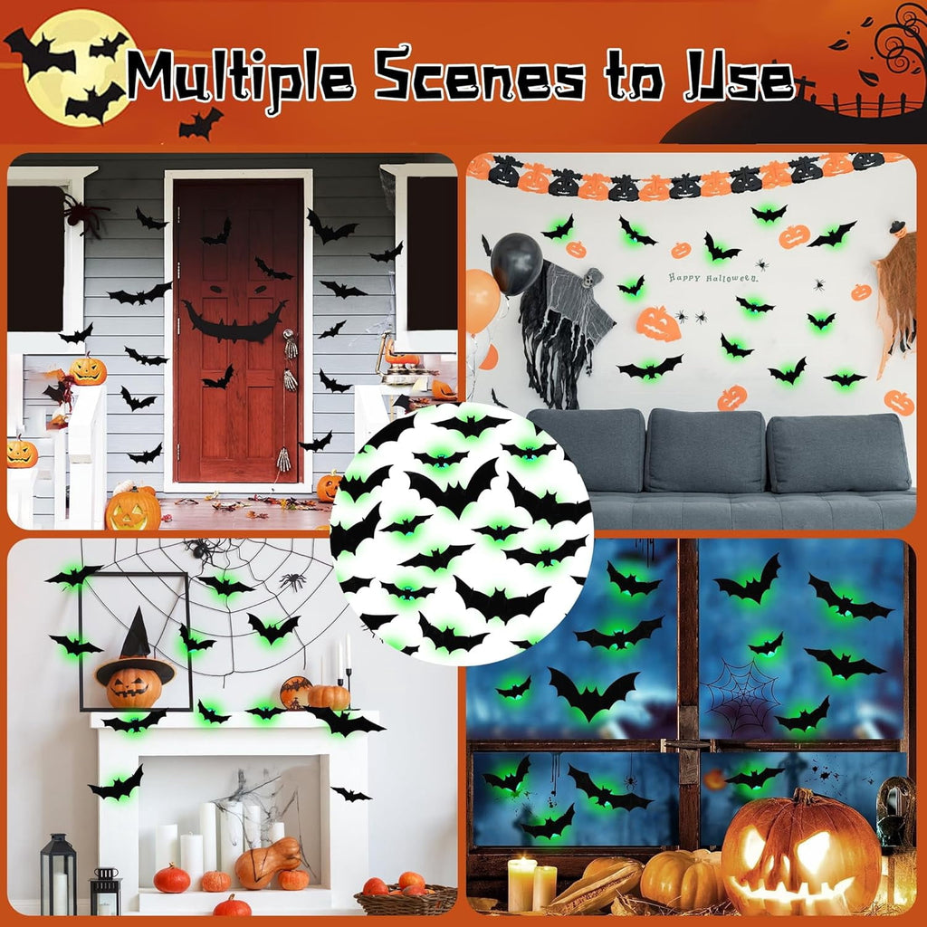 CQHVKQ 36 PCS Halloween Bats Decorations, Realistic 3D LED Bats Wall Stickers Decor, Assorted Size Removable Lighted PVC Bats DIY Wall Sticker for Halloween Party, Bedroom, Home, Indoor and Outdoor