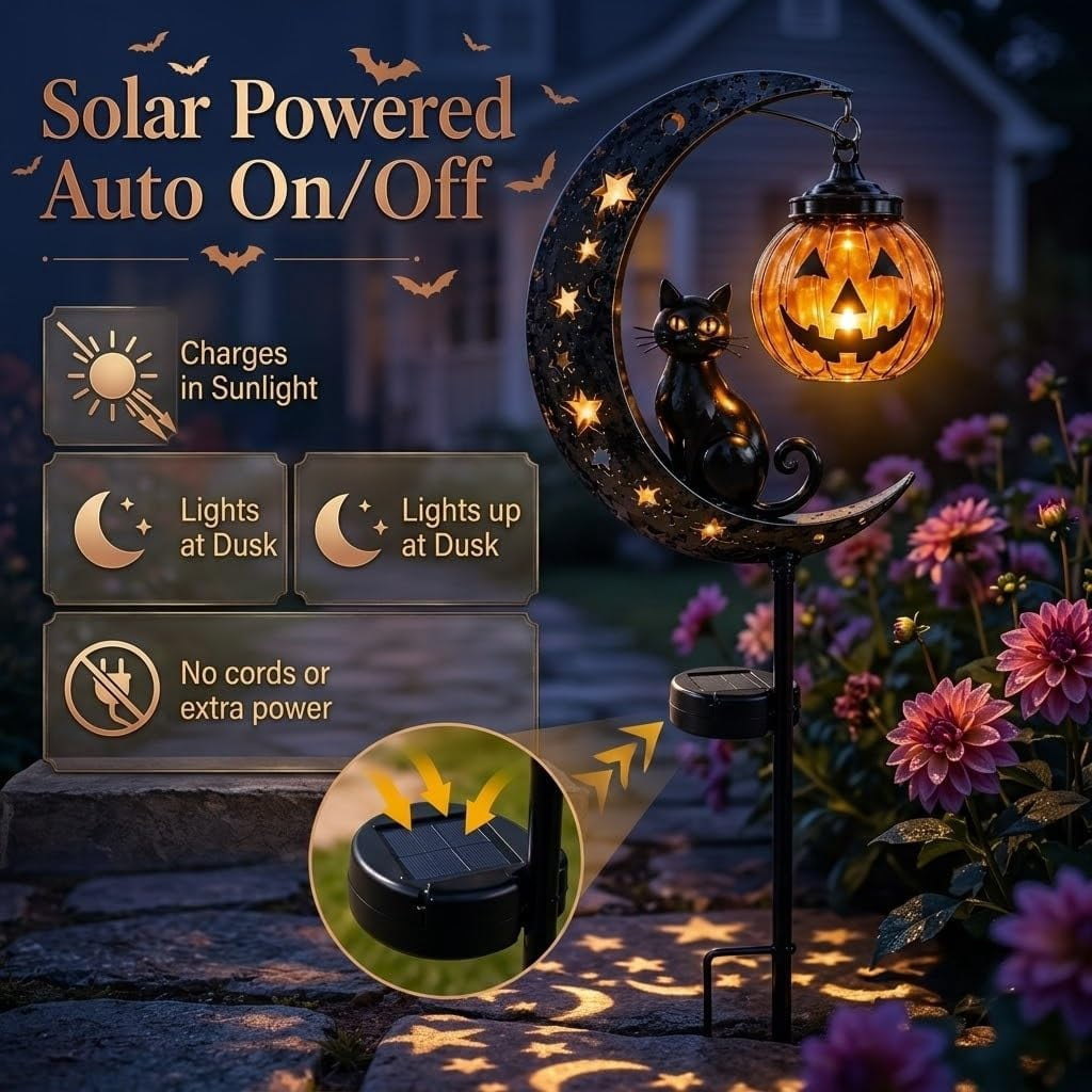 Clearance Halloween Solar Black Cat & Pumpkin Moon Garden Stake Light, Outdoor Waterproof LED Yard Decoration with Crescent Moon, Hanging Jack-o'-Lantern Lantern for Garden, Patio, Walkway, Porch