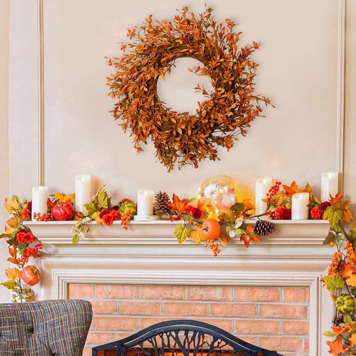 Fall Wreaths for Front Door - Autumn Artificial Flowers Leaves Wreath for Porch, Window,Farmhouse,Home,Holiday,Hanging Halloween Decorations